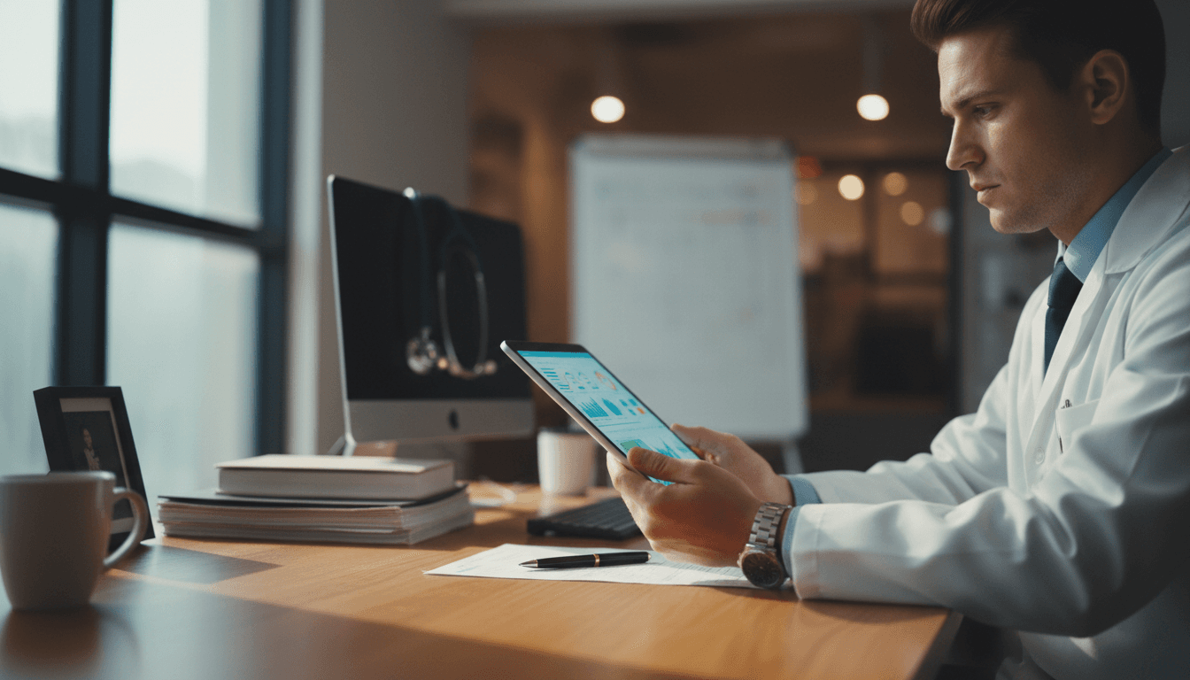 Healthcare administrator reviewing patient data on tablet in clinical office