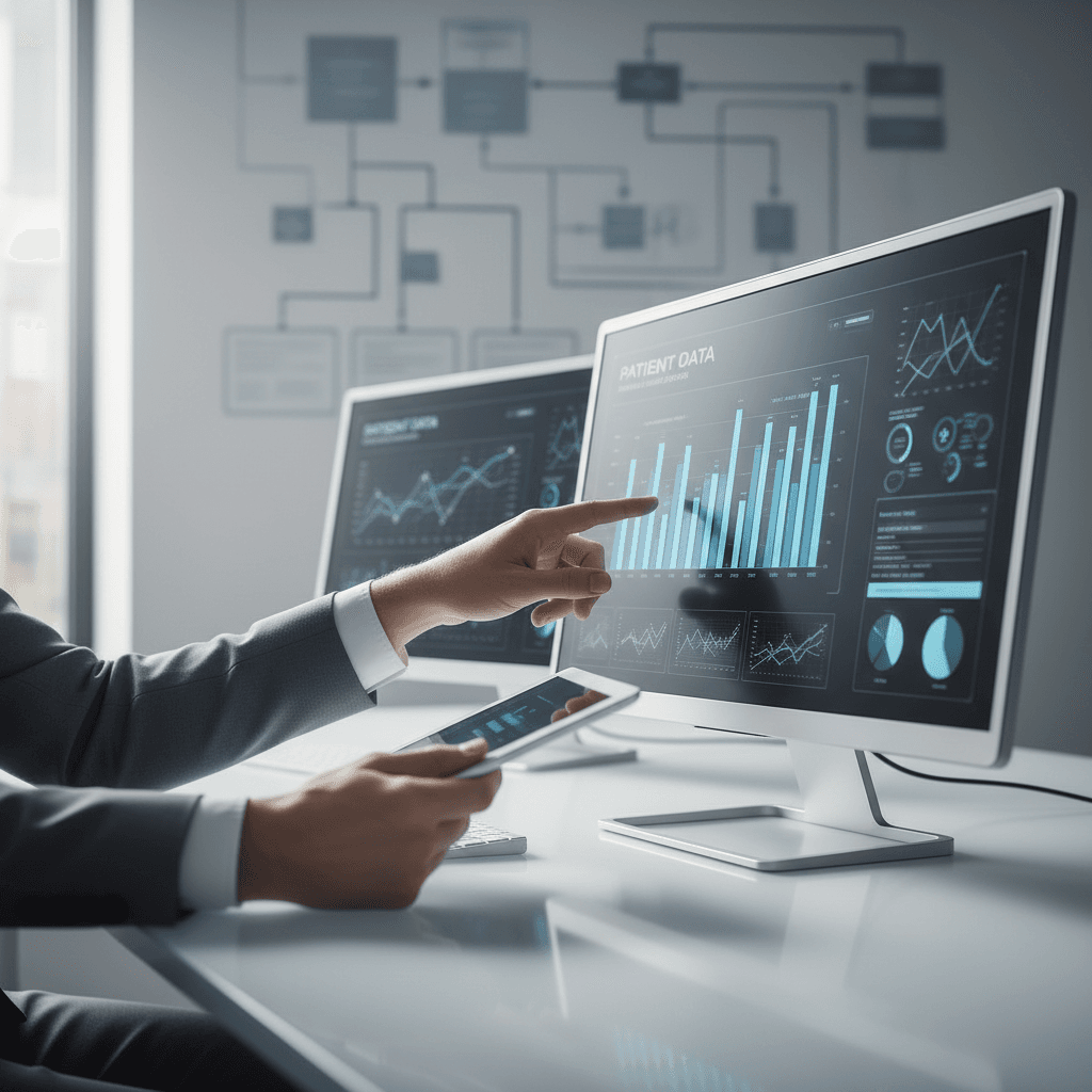 Healthcare marketing strategist reviewing analytics and patient data on tablet