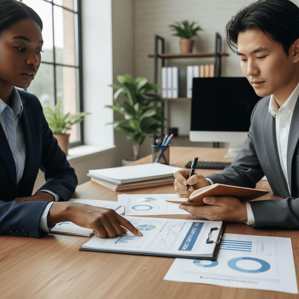 Healthcare provider in a consultation discussing marketing strategy with a consultant